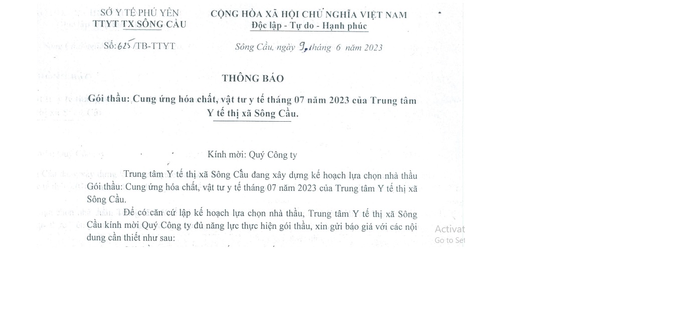 TB Gói thầu: Cung ứng hoá chất, vật tư y tế tháng 7 năm 2023 của TTYT TX. Sông Cầu